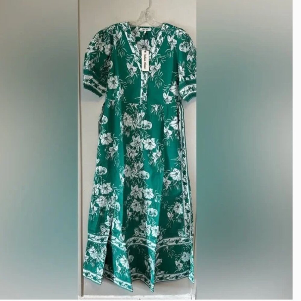 Tuckernuck Celina Moon Short Sleeve Cotton Pine Green Floral Maxi Size XS NWT